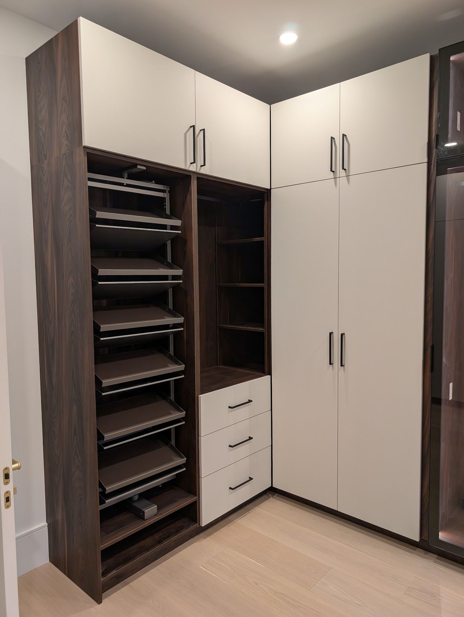 Corner closet unit with pull-out shoe shelves